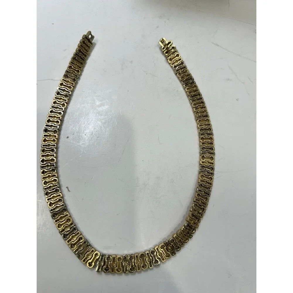 Gold Tone Flat Textured Necklace 15”Costume Jewelry Basketweave Choker Lie Flat